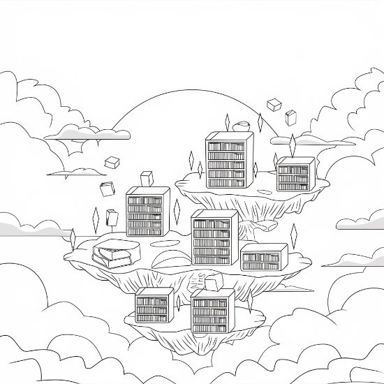 Sky islands stacked with bookshelves floating among clouds and stars on a coloring sheet