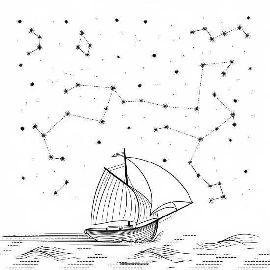 Small sailboat on rippling waves below a sky full of constellations on a coloring sheet