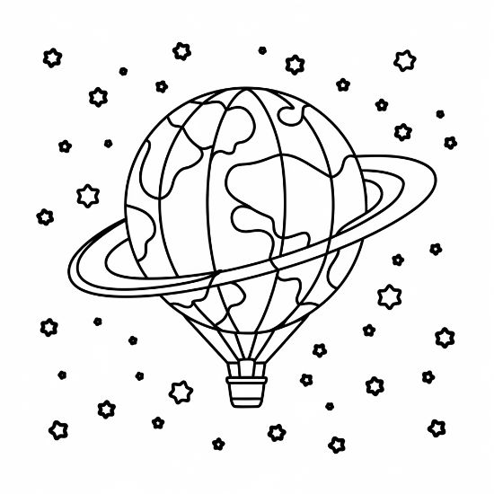 Hot air balloon shaped like a ringed planet floating among little stars on a coloring page