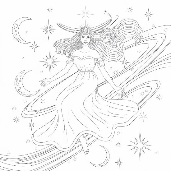 Woman in a flowing gown seated on planet rings among crescent moons and stars on a coloring sheet