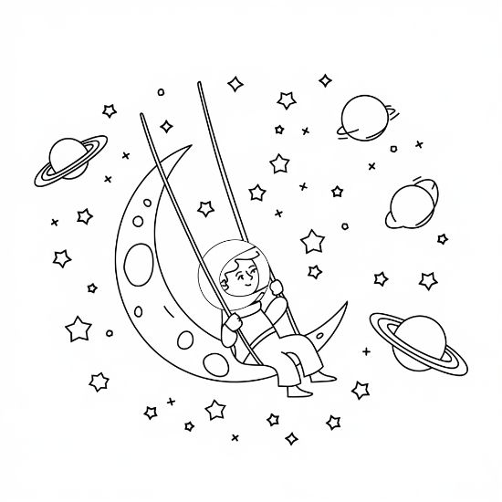 Child astronaut swinging from a crescent moon surrounded by planets and stars on a coloring page