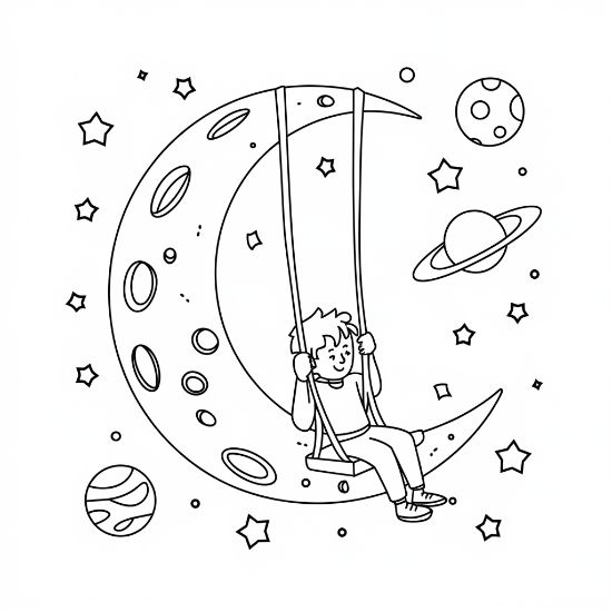 Boy swinging from a crescent moon among ringed planets and stars on a coloring page