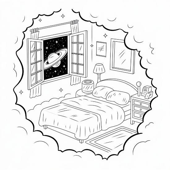 Cozy bedroom with a window to a starry sky framed by soft clouds on a coloring sheet