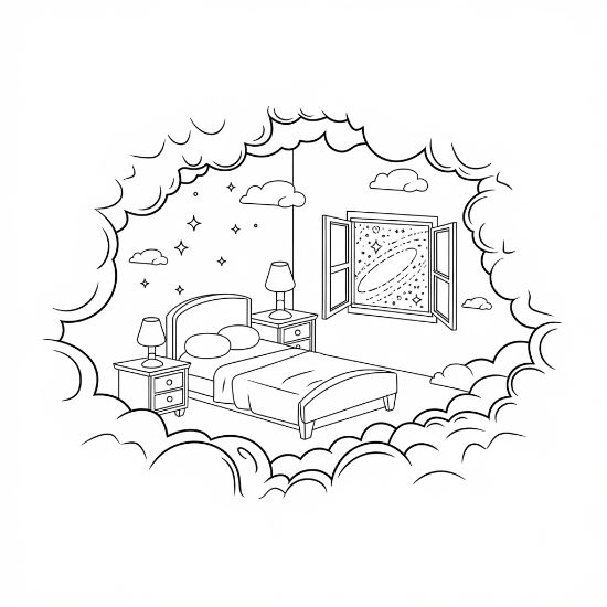 Bedroom with an open window onto a galaxy framed by fluffy clouds on a coloring sheet