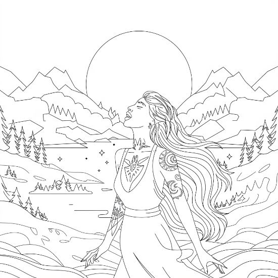 Woman with long hair and star tattoos walking a mountain valley below the sun on a coloring page