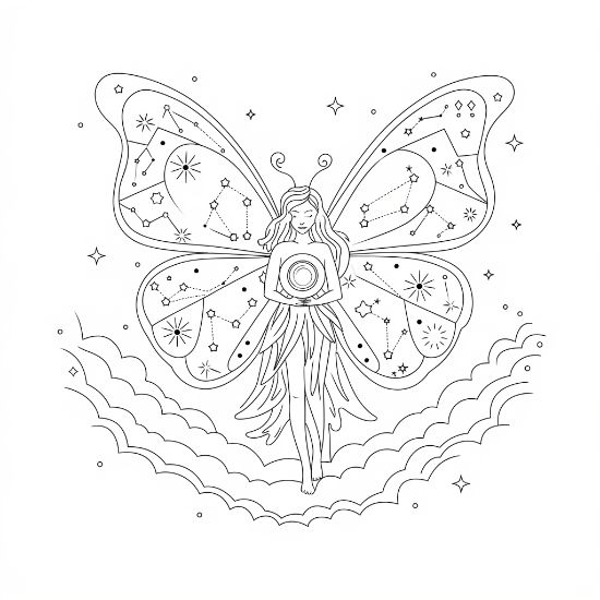 Fairy with star filled butterfly wings holding a moon above the clouds on a coloring page