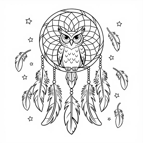 Stern owl perched in a round dreamcatcher with feathers and scattered stars in a mandala