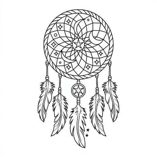 Round dreamcatcher holding a crescent moon and star with hanging feathers in a mandala
