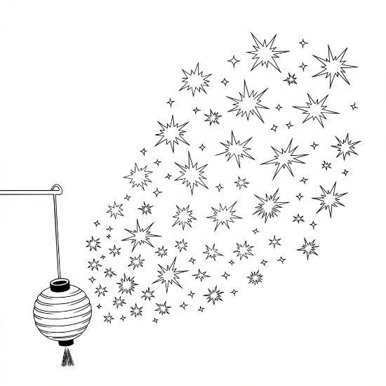 Hanging paper lantern releasing a sweeping burst of stars on a coloring page