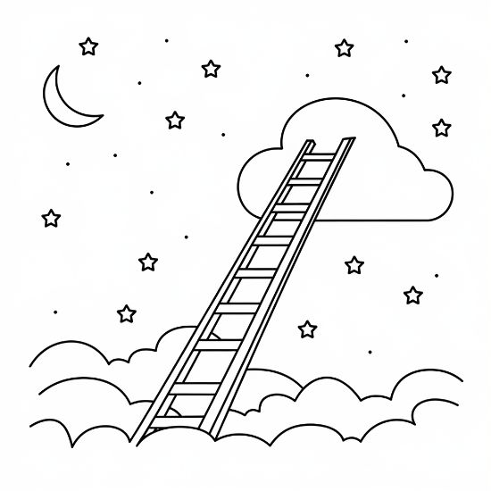 Ladder leaning on a fluffy cloud below a crescent moon and stars on a coloring sheet