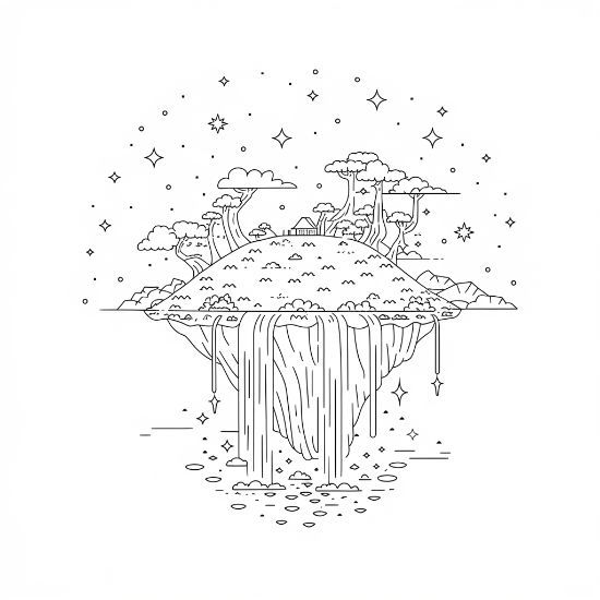 Small floating island with trees and a waterfall among stars on a coloring page