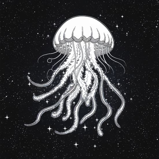 Glowing jellyfish with long tentacles drifting across a starry night sky on a coloring page