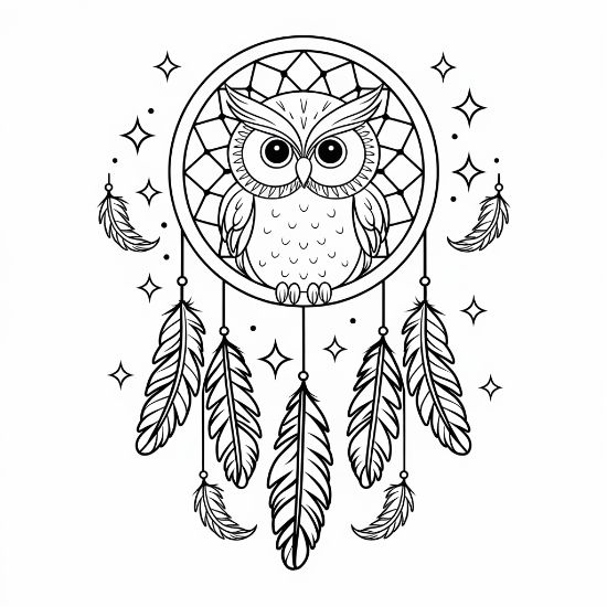An owl perched on a feathered dreamcatcher