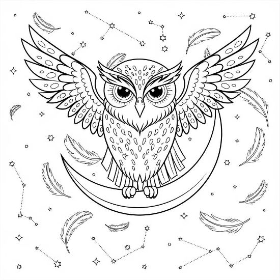 An owl with wings spread wide soaring among stars
