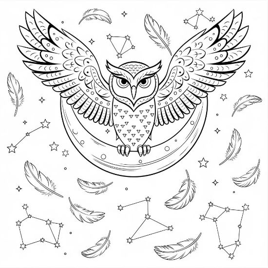 An owl soaring with outstretched wings among stars