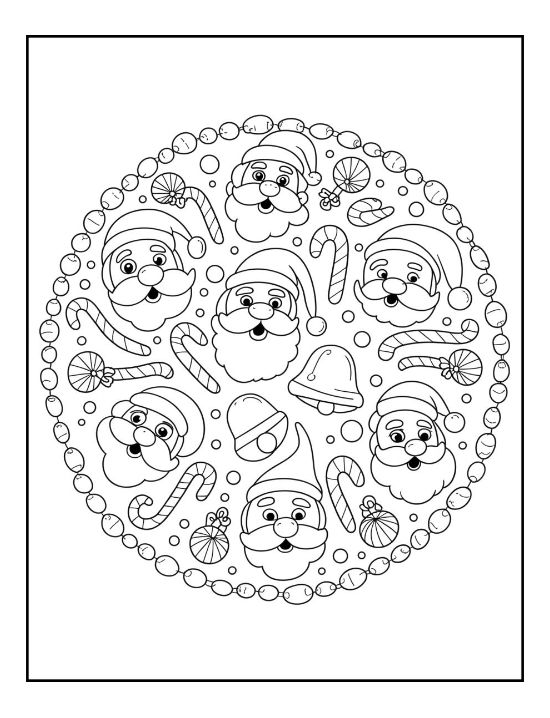 Round arrangement of Santa faces candy canes and bells in a festive mandala
