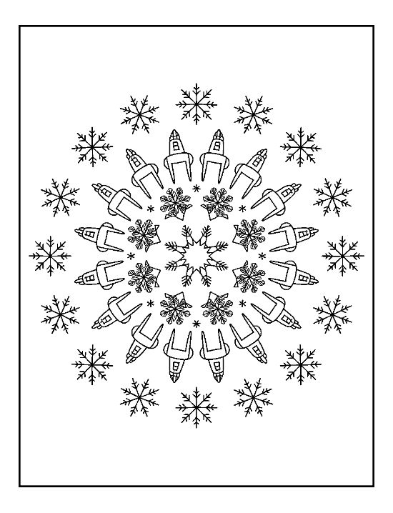Round design of little stockings and snowflakes around a center in a mandala