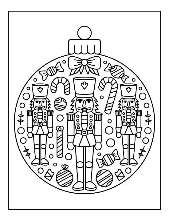 Round bauble showing three nutcrackers with candy canes and candies on a coloring page