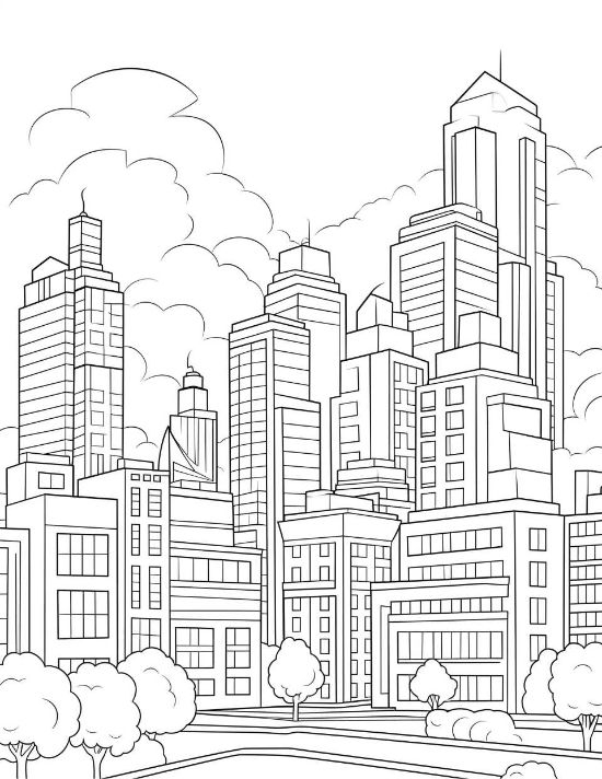 Modern skyscrapers with repeating windows and fluffy clouds in a detailed urban cityscape coloring page.