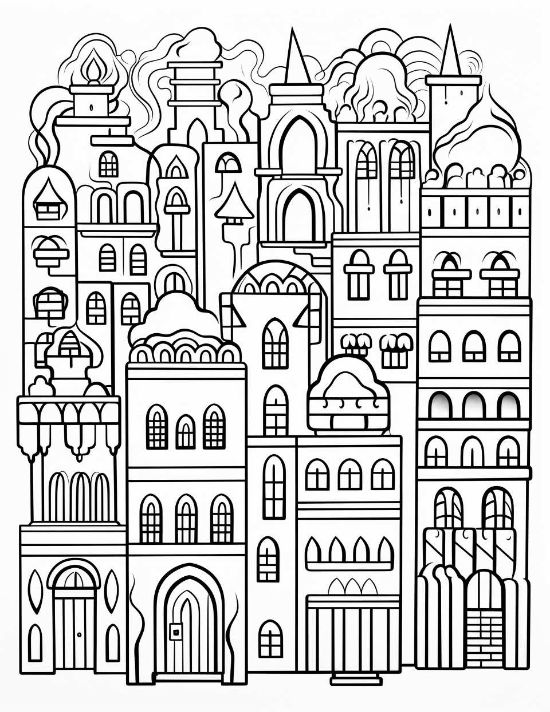 Whimsical townhouses with arched windows and swirling smoke motifs in a detailed cityscape coloring page.
