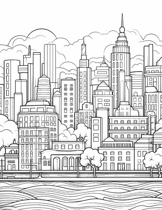Urban skyline with layered skyscrapers and wavy water in a bold and easy cityscape coloring page.
