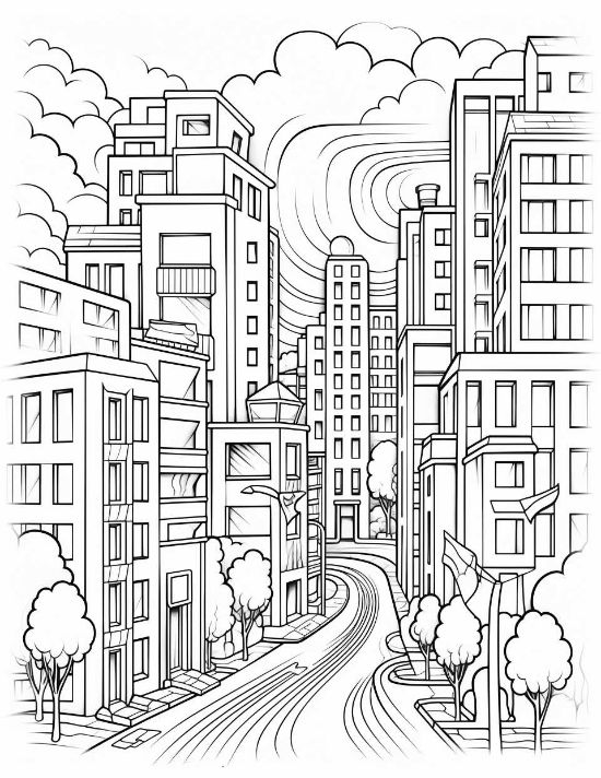 Modern apartment buildings and a winding street under swirling clouds in a detailed cityscape coloring page.
