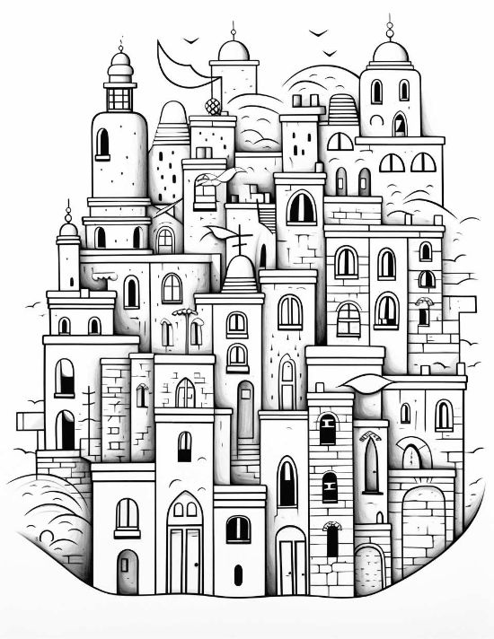 Tightly packed Mediterranean buildings with arched windows and domed towers create a dense urban coloring page.