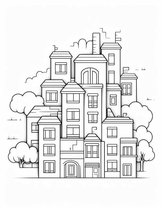 Stacked apartment buildings with thick outlines and simple window grids create a whimsical urban coloring sheet.