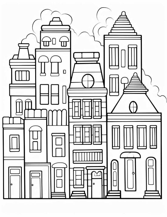 Whimsical urban buildings with thick black outlines and puffy clouds in a bold and easy coloring page.
