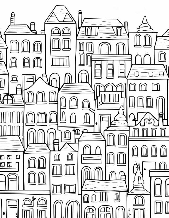 European townhouses with arched windows and gabled roofs create a dense urban cityscape coloring page.