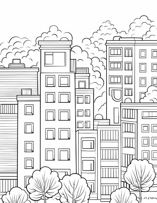 Apartment buildings with repeating square windows and fluffy clouds in a bold and easy coloring page.
