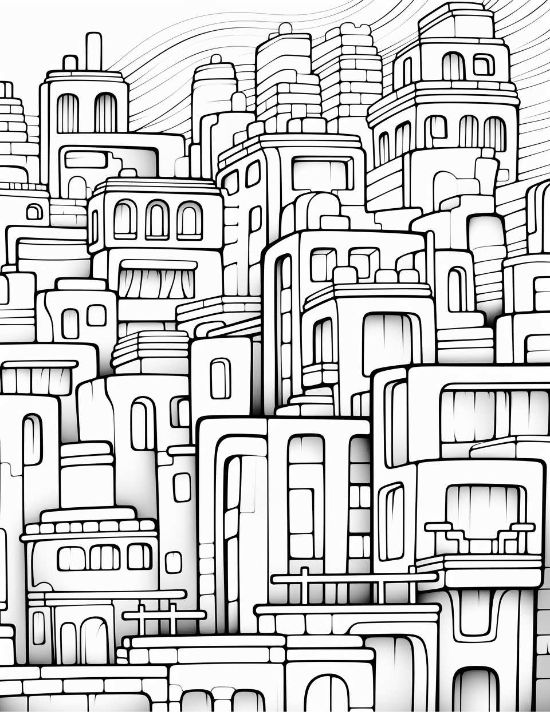 Stacked cubic buildings with arched windows and thick black outlines form a dense urban cityscape coloring page.