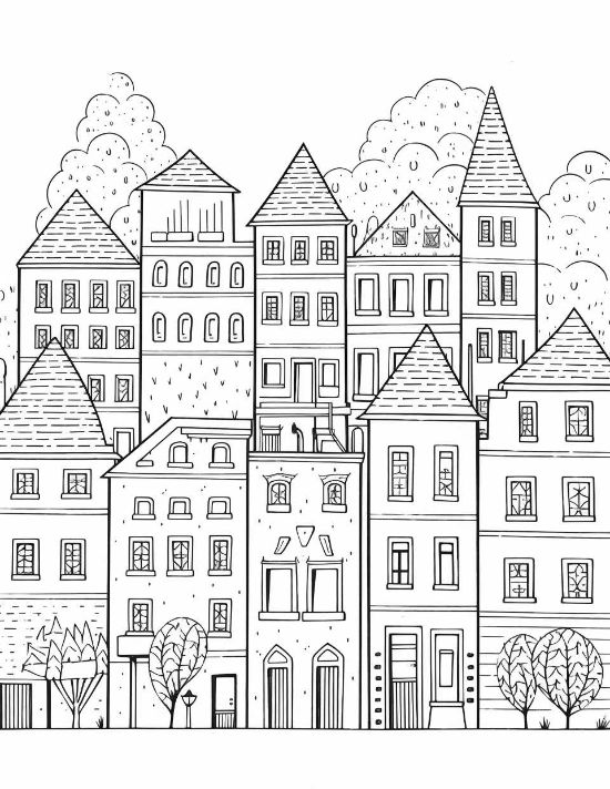 Whimsical townhouses with pointed roofs and small windows stand before fluffy clouds in this coloring page.