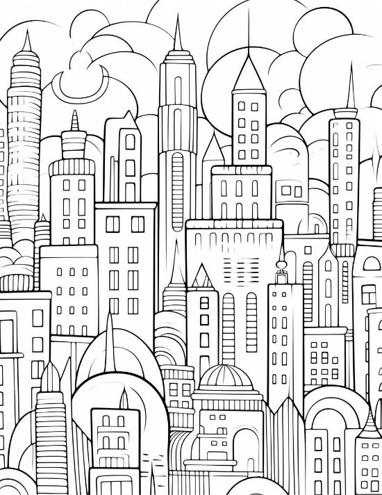 Urban skyline with geometric towers and rounded cloud motifs in a detailed cityscape coloring page.