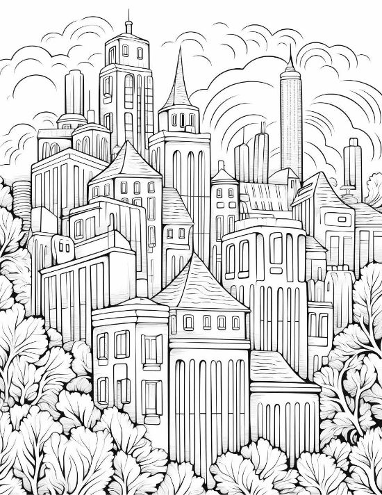 Urban skyline with pointed towers and leafy trees in a detailed cityscape coloring page.