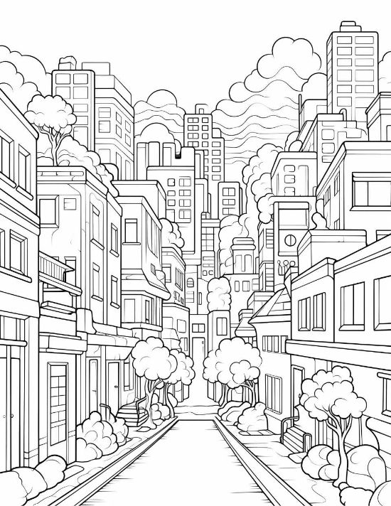Urban street view with layered townhouses and distant skyscrapers under puffy clouds in a cityscape coloring page.