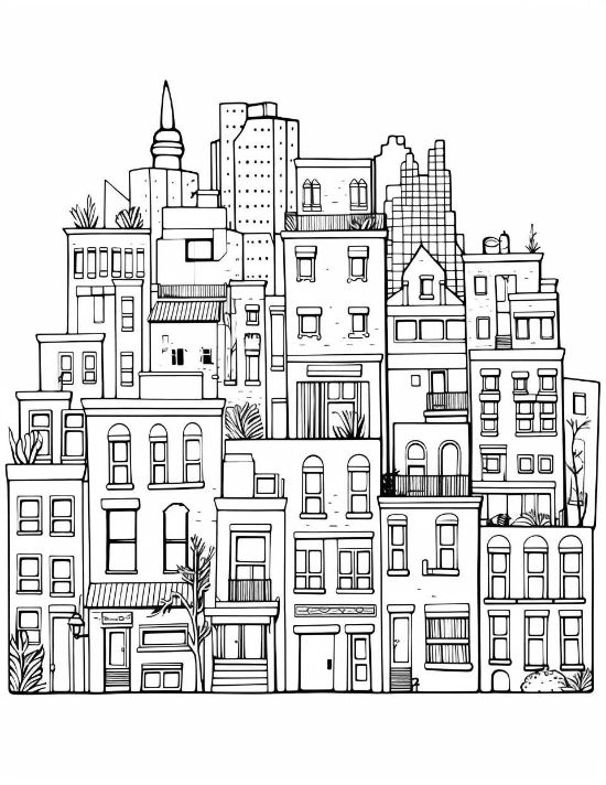 Densely packed urban buildings with repeating windows and rooftop plants form a detailed cityscape coloring page.