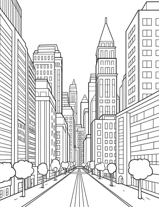 Metropolitan street with tall skyscrapers and repeating window patterns in a detailed urban cityscape coloring page.