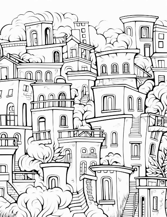 Stacked Mediterranean houses with arched windows and stone stairs create a dense hillside cityscape coloring page.