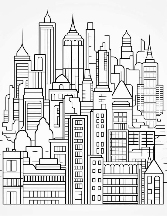 Densely packed skyscrapers with geometric windows and pointed spires create a complex urban skyline coloring page.