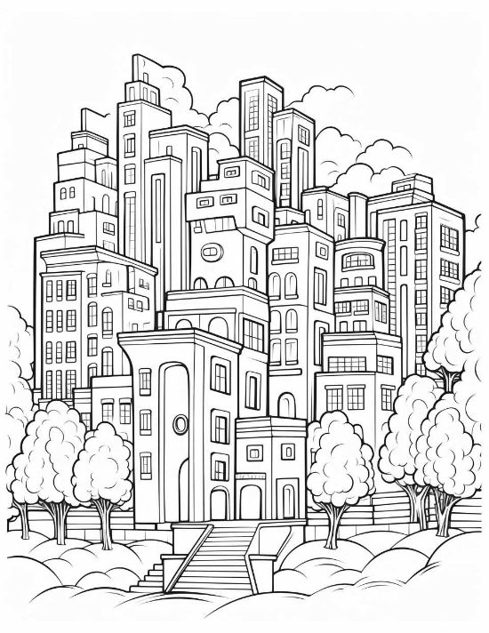 Stacked urban buildings with arched windows and fluffy trees in a detailed cityscape coloring page.