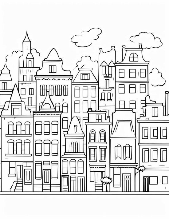 Ornate European townhouses with gabled roofs and arched windows under fluffy clouds in a bold and easy coloring page.