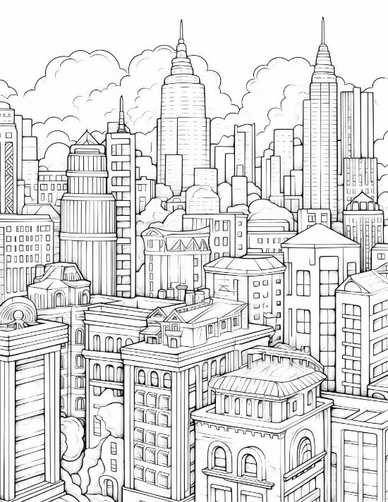 Tall skyscrapers and tiered buildings with repeating windows under fluffy clouds in a cityscape coloring page.