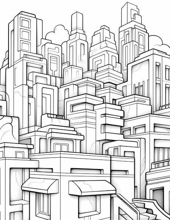 Stacked geometric buildings with thick outlines and rounded corners create a dense urban cityscape coloring page.