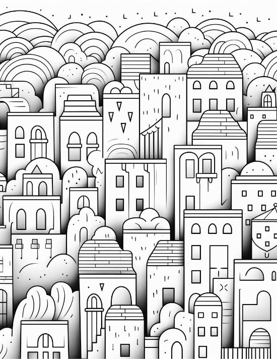 Whimsical townhouses with arched windows and rounded trees create a dense urban landscape coloring page.