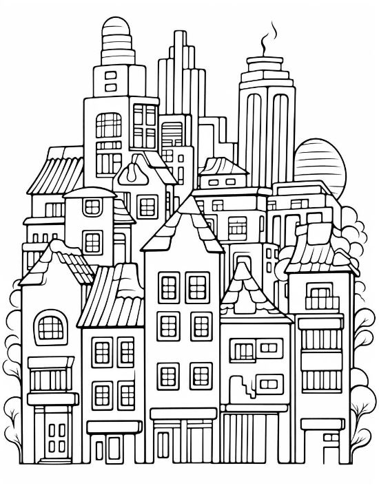 Urban townhouses and tall skyscrapers with repeating windows and thick outlines in a bold and easy coloring page.