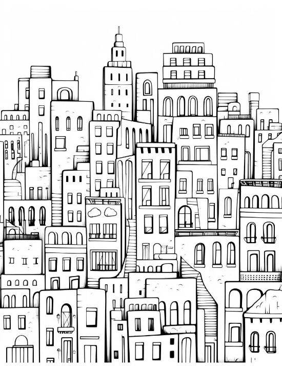 Dense urban skyline with tiered buildings and repeating window patterns in a detailed cityscape coloring page.