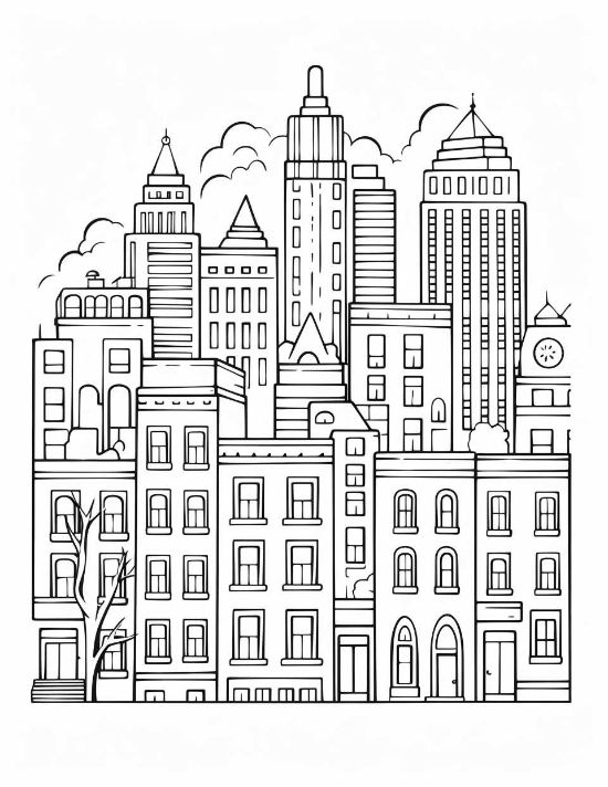 Tall skyscrapers and row houses with repeating windows and thick outlines in a bold and easy coloring page.
