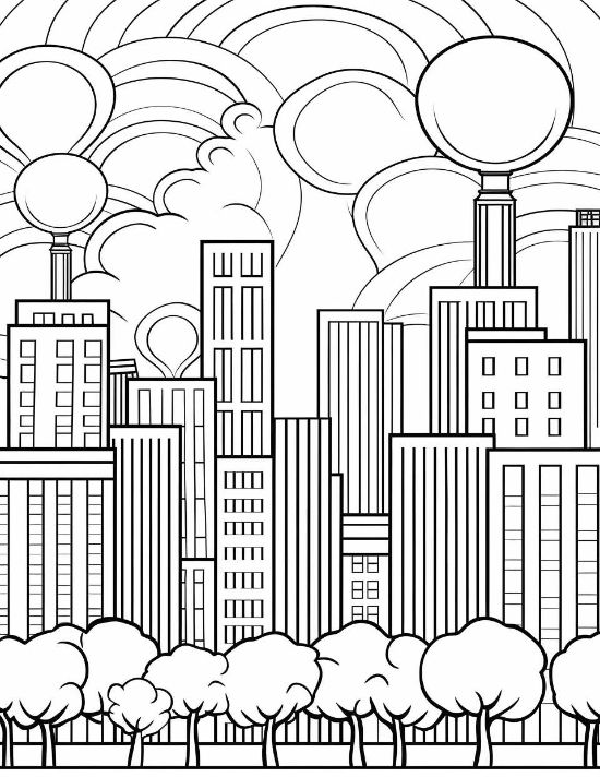 Geometric office towers stand behind a row of trees under a swirling cloud sky coloring page.