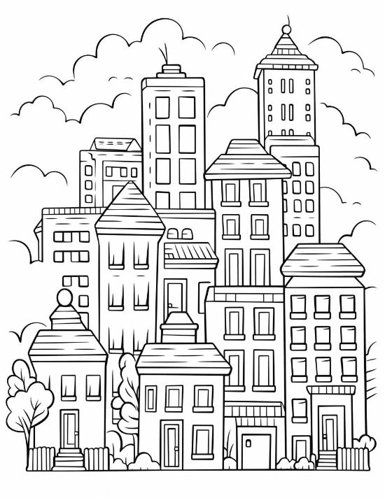 Dense urban skyline with varied building heights and repeating windows under fluffy clouds in a bold and easy coloring page.